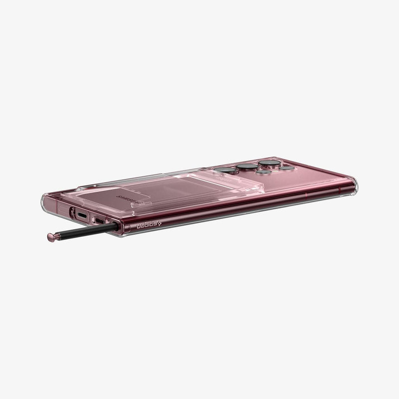 ACS03929 - Galaxy S22 Ultra 5G Case Crystal Slot Dual in crystal clear showing the back, side and bottom with s pen sticking out of slot