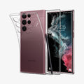 ACS03912 - Galaxy S22 Ultra 5G Case Liquid Crystal in crystal clear showing the back with case bending away from device, inside and front with s pen leaning against device