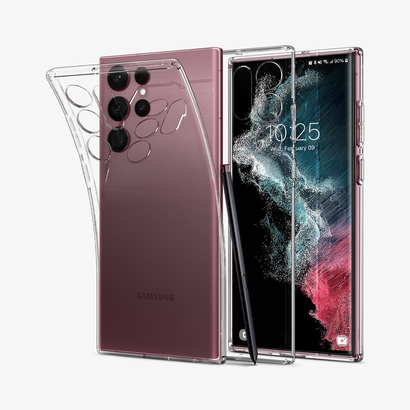 ACS03912 - Galaxy S22 Ultra 5G Case Liquid Crystal in crystal clear showing the back with case bending away from device, inside and front with s pen leaning against device