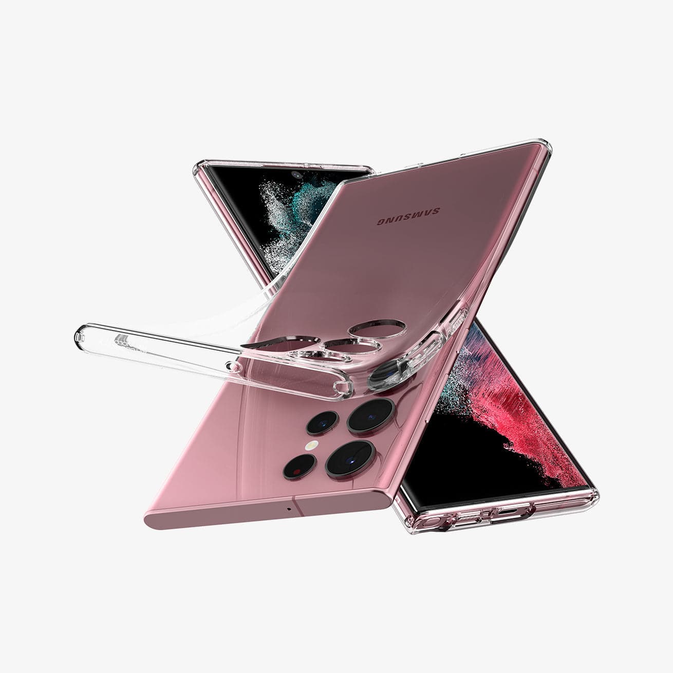 ACS03912 - Galaxy S22 Ultra 5G Case Liquid Crystal in crystal clear showing the back with case bending away from device, front and sides