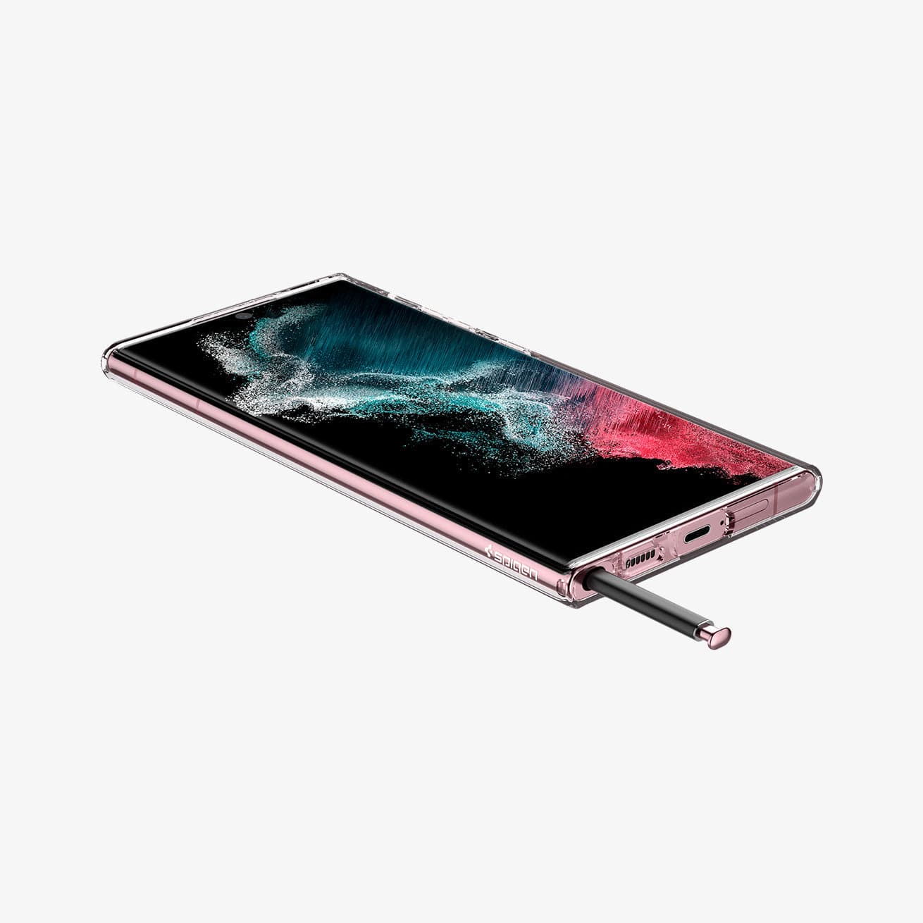 ACS03912 - Galaxy S22 Ultra 5G Case Liquid Crystal in crystal clear showing the front, side and bottom with s pen sticking out of slot
