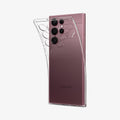 ACS03912 - Galaxy S22 Ultra 5G Case Liquid Crystal in crystal clear showing the back with case bending away from device to show the flexibility