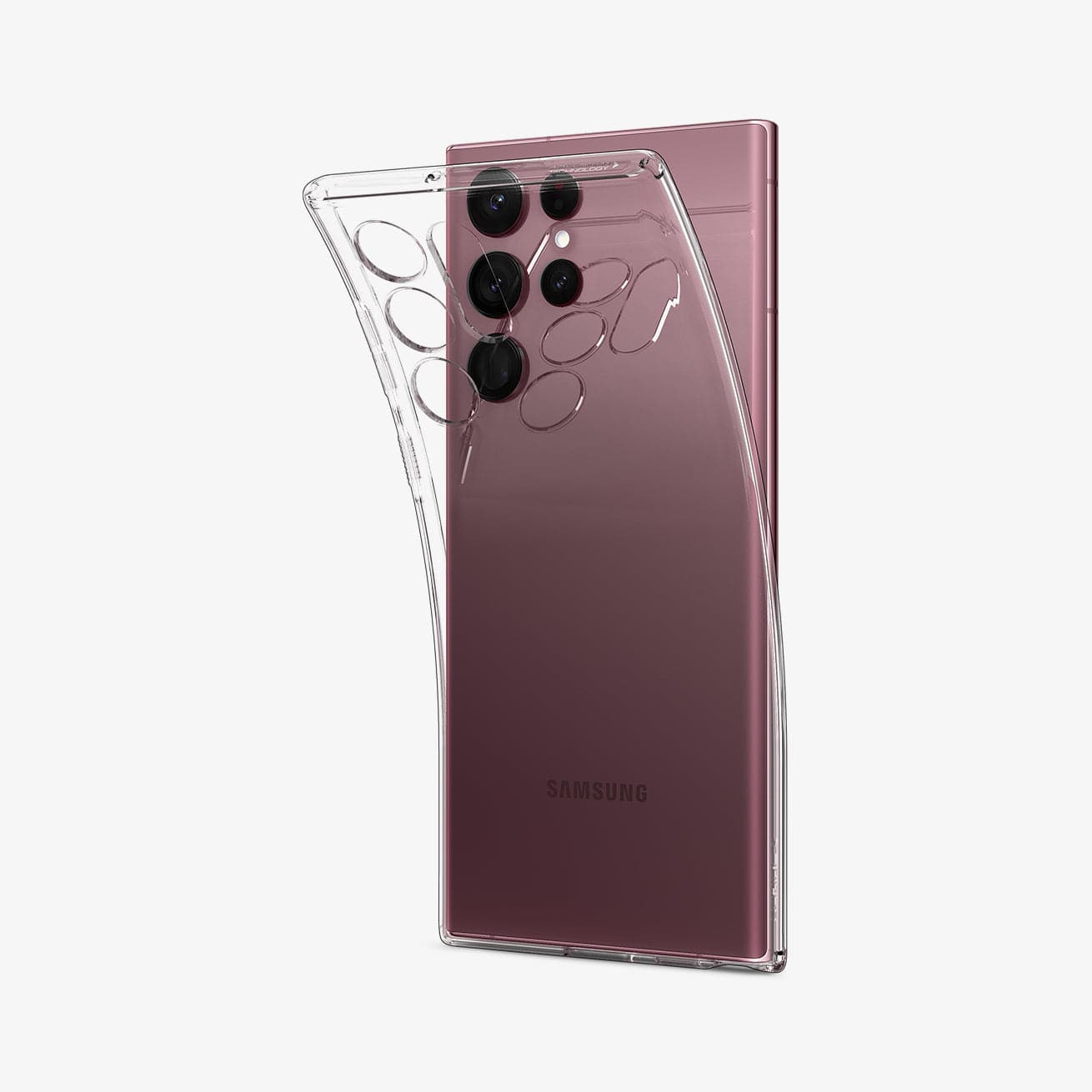 ACS03912 - Galaxy S22 Ultra 5G Case Liquid Crystal in crystal clear showing the back with case bending away from device to show the flexibility