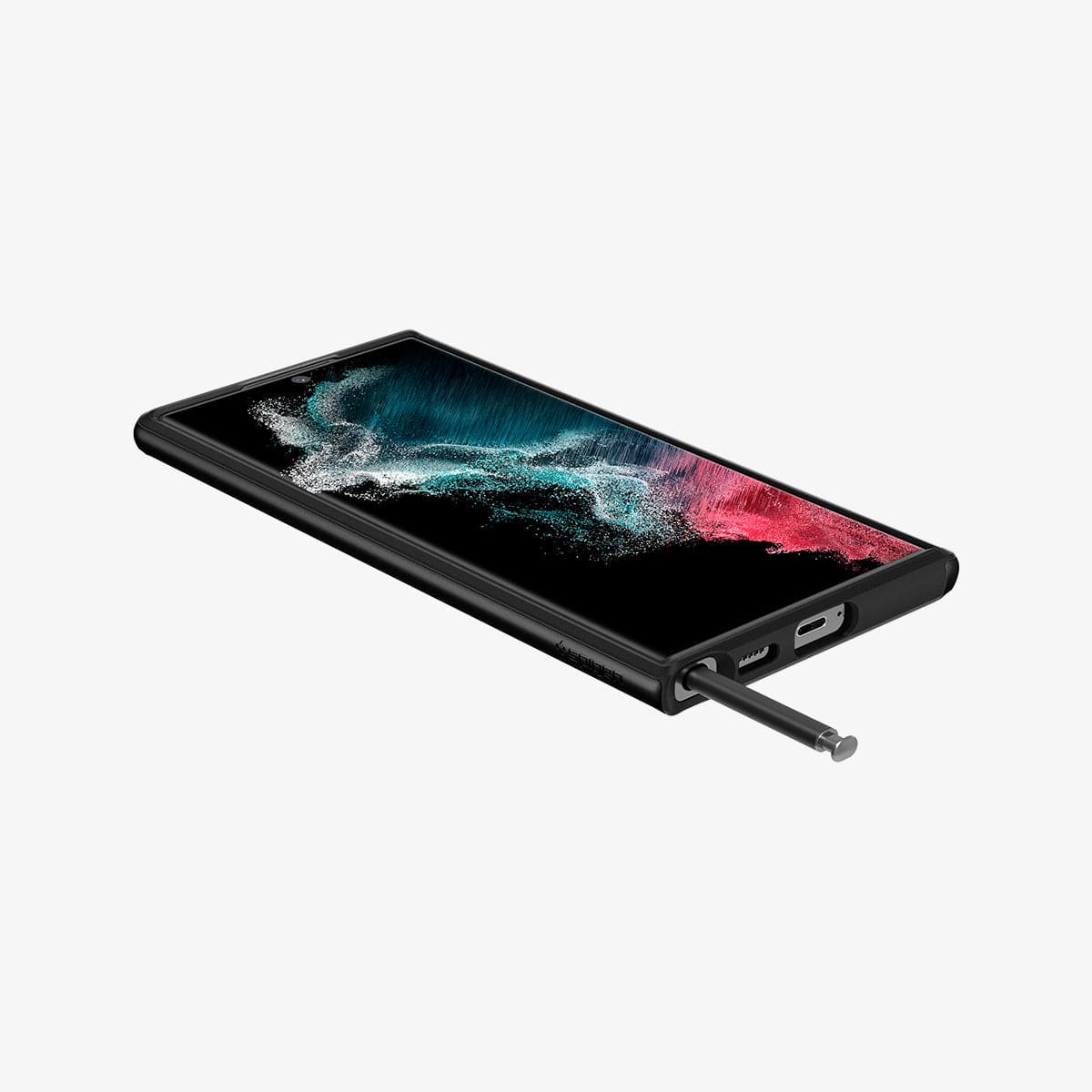 ACS03925 - Galaxy S22 Ultra 5G Case Neo Hybrid in black showing the front, side and bottom with s pen sticking out of slot