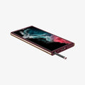 ACS04382 - Galaxy S22 Ultra 5G Case Neo Hybrid in burgundy showing the front, side and bottom with s pen sticking out of slot
