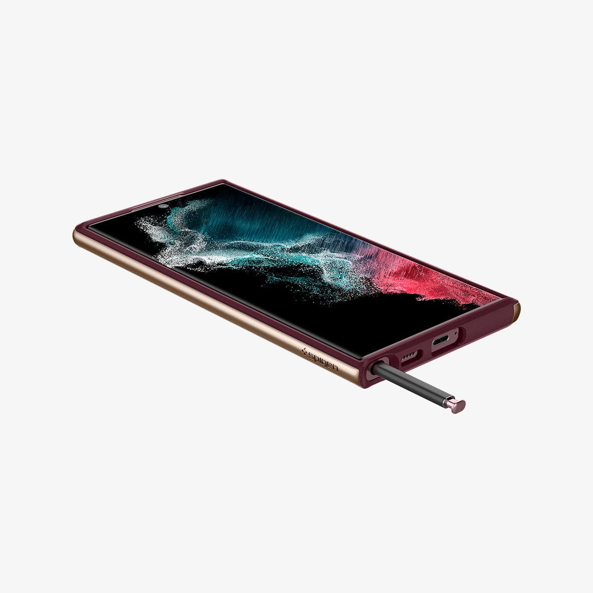 ACS04382 - Galaxy S22 Ultra 5G Case Neo Hybrid in burgundy showing the front, side and bottom with s pen sticking out of slot