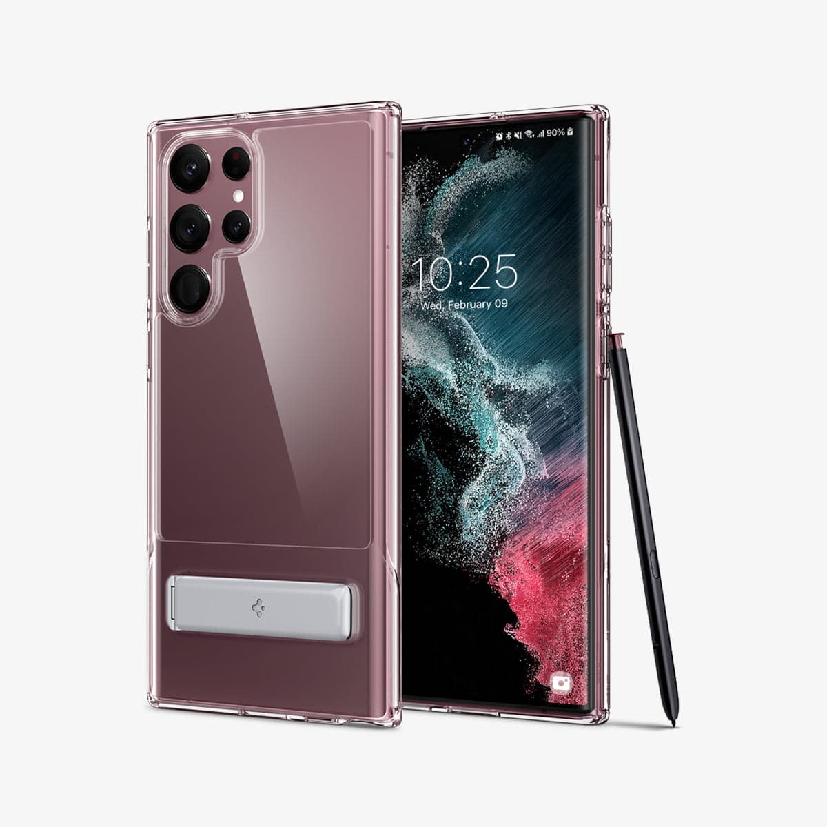 ACS03945 - Galaxy S22 Ultra 5G Case Slim Armor Essential S in crystal clear showing the back and front with s pen leaned against phone