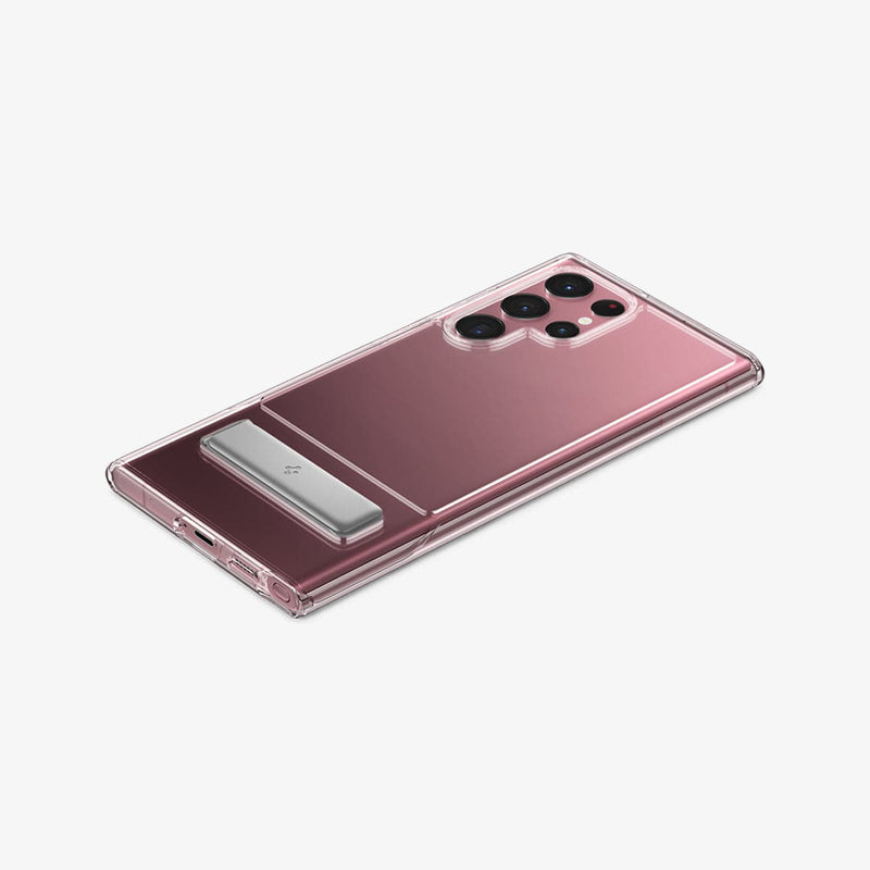 ACS03945 - Galaxy S22 Ultra 5G Case Slim Armor Essential S in crystal clear showing the back, side and bottom with device laying flat
