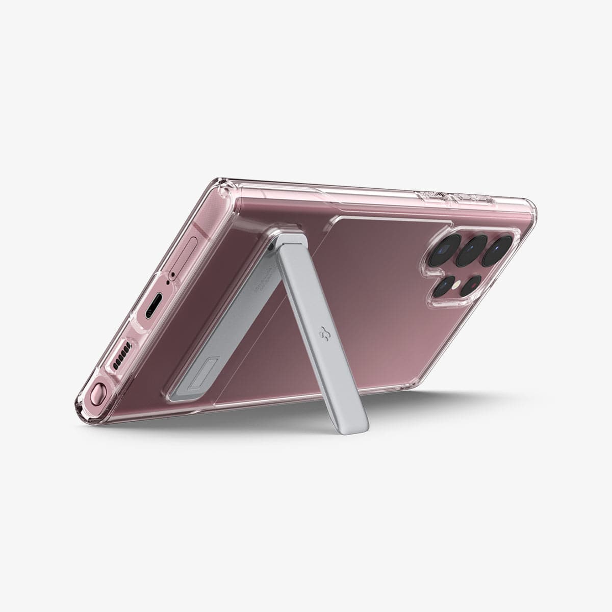 ACS03945 - Galaxy S22 Ultra 5G Case Slim Armor Essential S in crystal clear showing the back and bottom with device propped up horizontally by built in kickstand