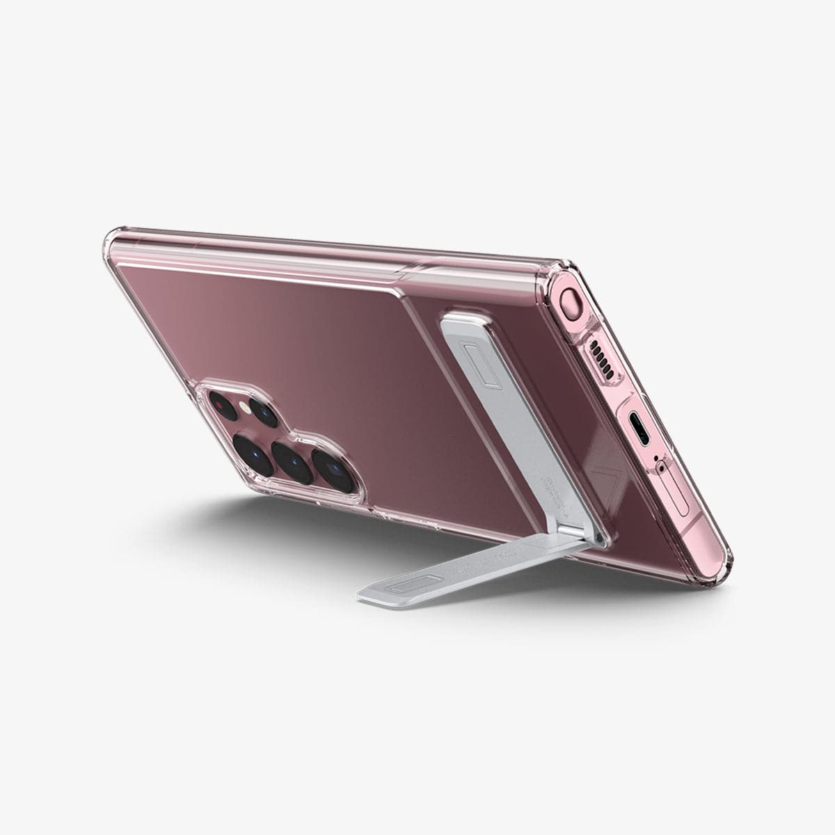 ACS03945 - Galaxy S22 Ultra 5G Case Slim Armor Essential S in crystal clear showing the back and bottom with device propped up horizontally by built in kickstand