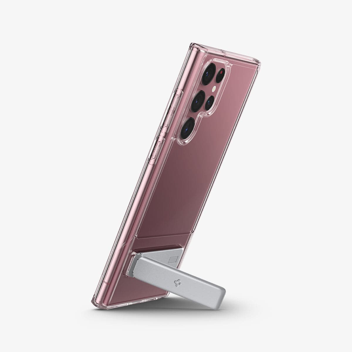 ACS03945 - Galaxy S22 Ultra 5G Case Slim Armor Essential S in crystal clear showing the phone propped up vertically with kickstand