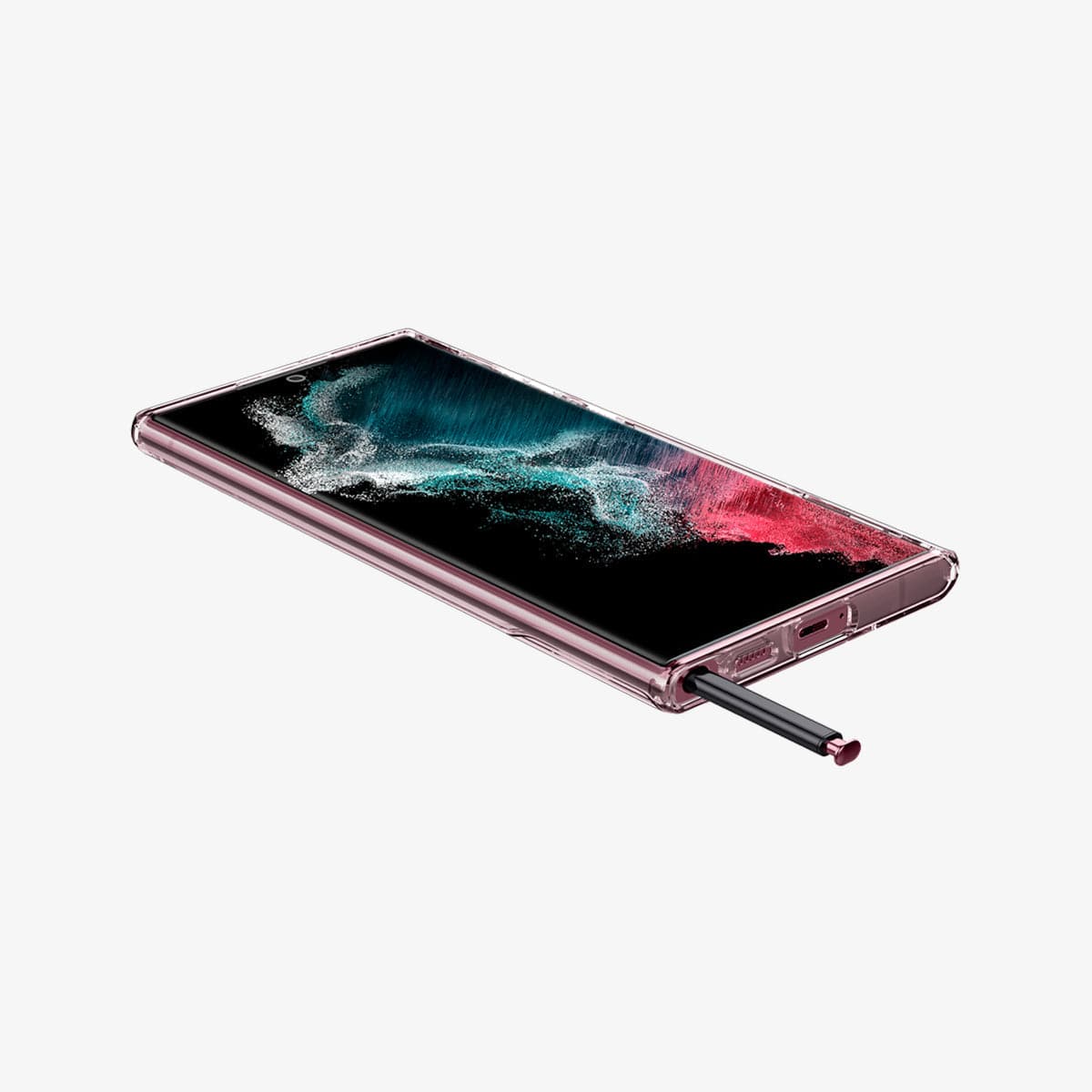 ACS03945 - Galaxy S22 Ultra 5G Case Slim Armor Essential S in crystal clear showing the front, side and bottom with s pen partially in slot