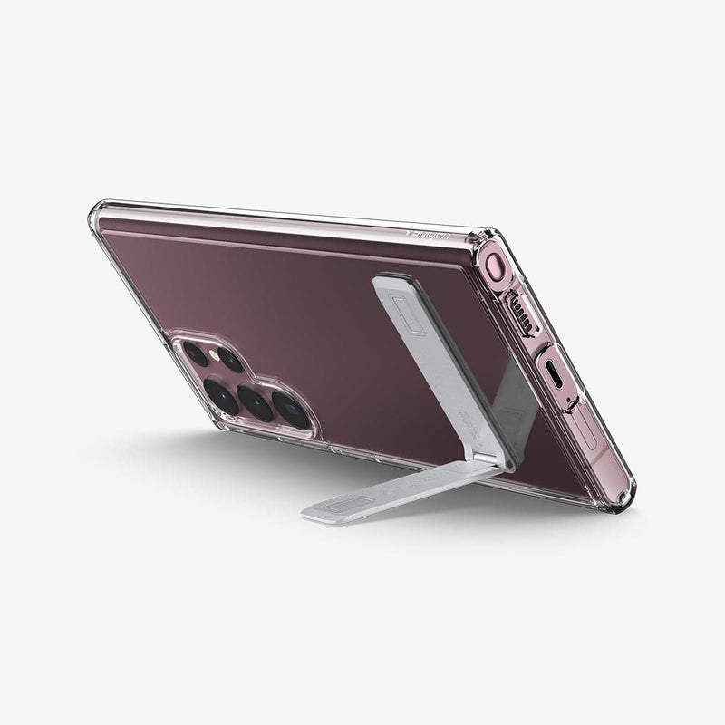 ACS03921 - Galaxy S22 Ultra 5G Case Ultra Hybrid S in crystal clear showing the back and bottom with device propped up horizontally by built in kickstand