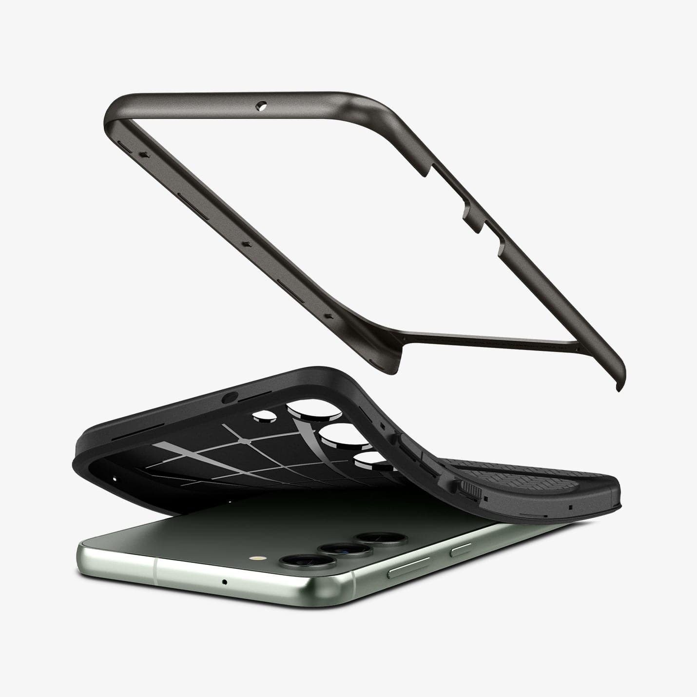 ACS05722 - Galaxy S23 Case Neo Hybrid in gunmetal showing the back bending slightly away from device and back component hovering above