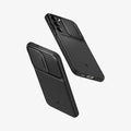 ACS05687 - Galaxy S23 Plus Case Optik Armor in black showing the back, sides and bottom of multiple devices