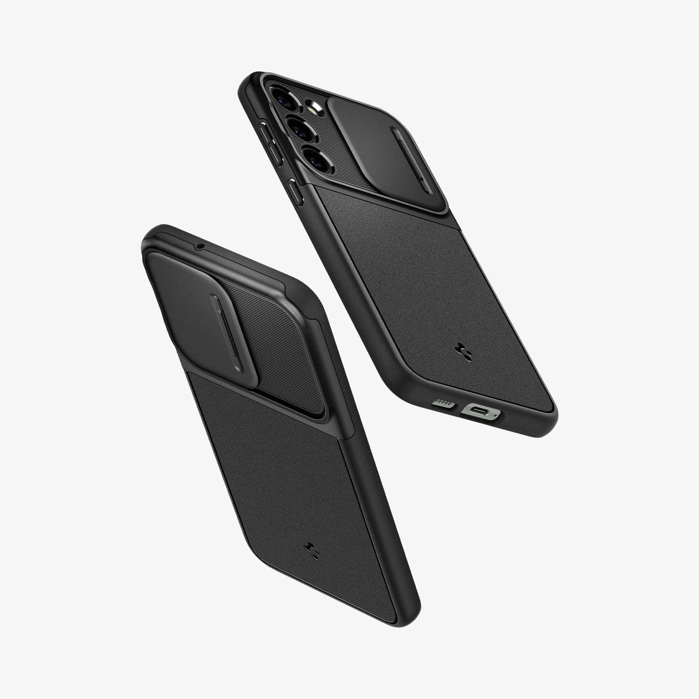 ACS05687 - Galaxy S23 Plus Case Optik Armor in black showing the back, sides and bottom of multiple devices