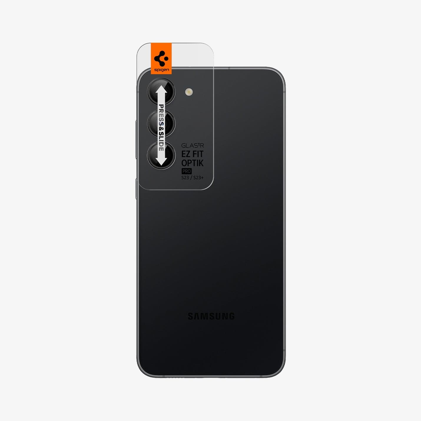 AGL05962 - Galaxy S23 Plus / S23 EZ Fit Optik Pro Lens Protector in black showing the ez fit tray on camera lens