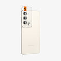 AGL06169 - Galaxy S23 Plus / S23 EZ Fit Optik Pro Lens Protector in cream showing the ez fit tray on camera lens and back partial side view