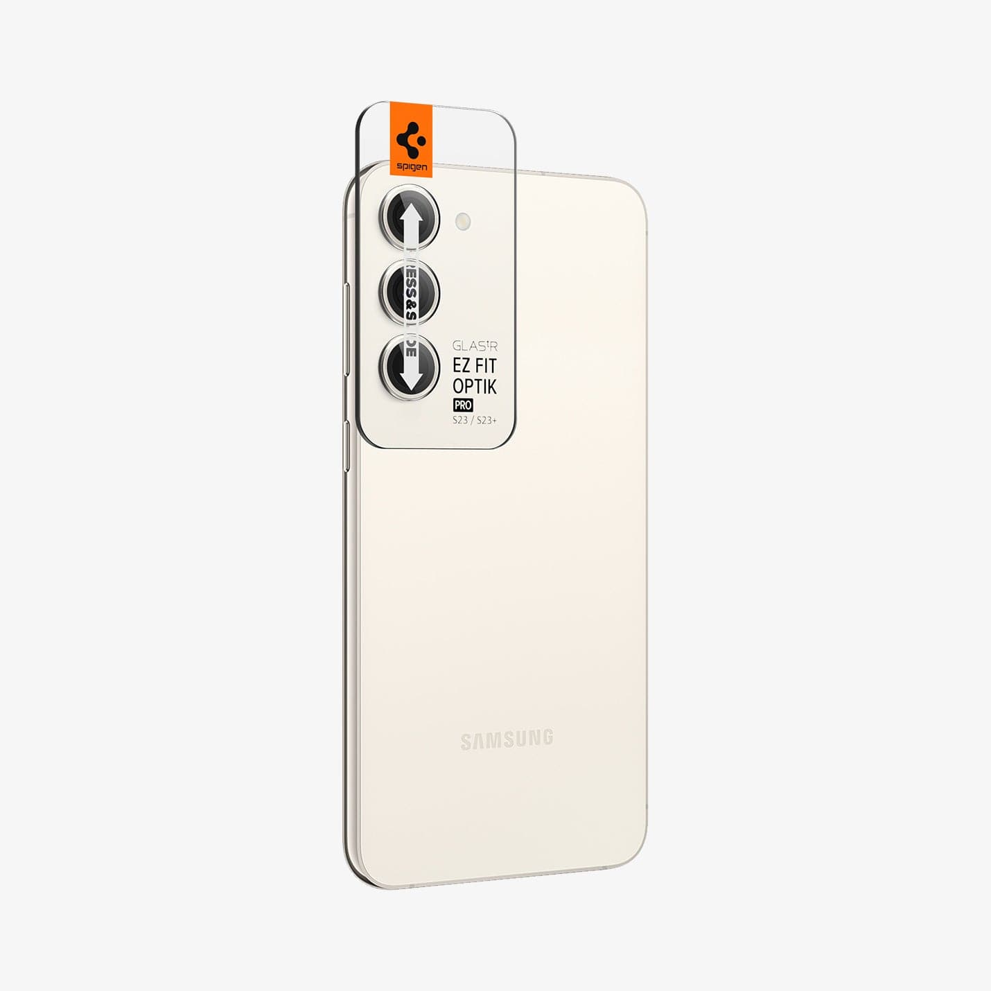 AGL06169 - Galaxy S23 Plus / S23 EZ Fit Optik Pro Lens Protector in cream showing the ez fit tray on camera lens and back partial side view