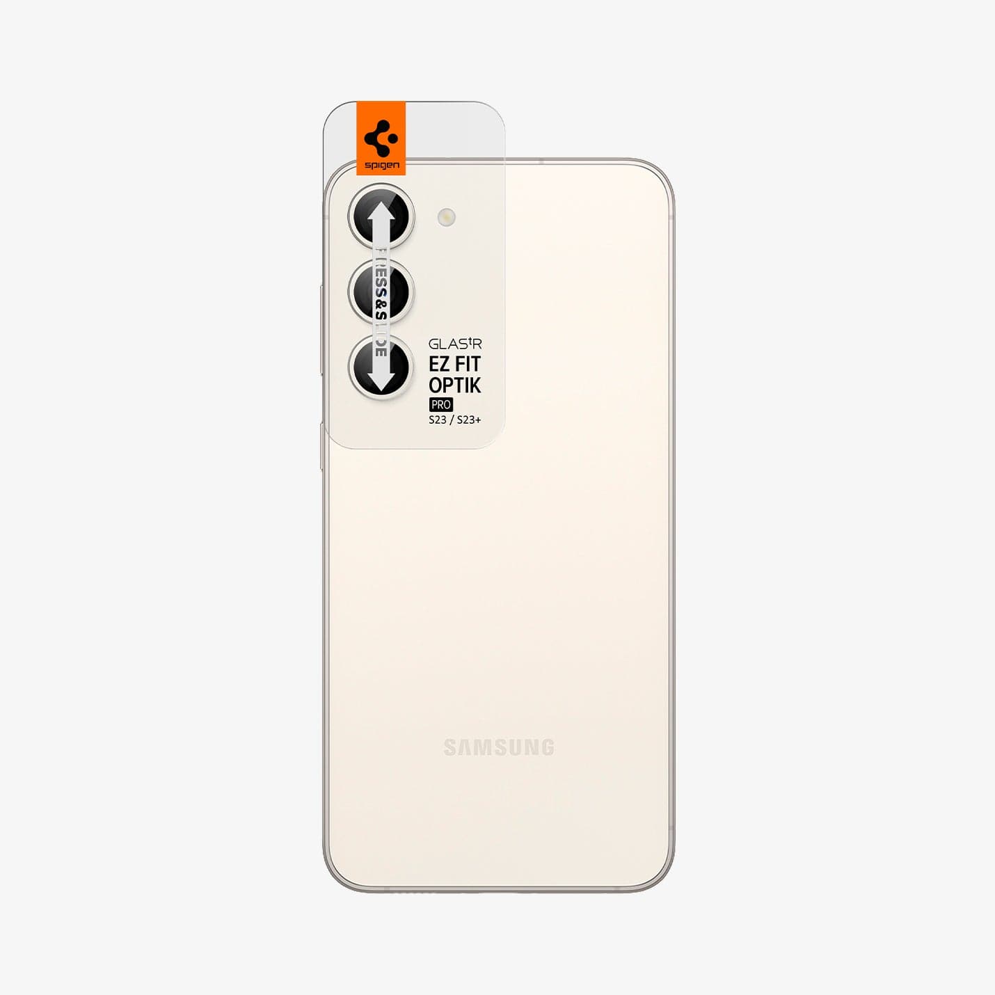 AGL06169 - Galaxy S23 Plus / S23 EZ Fit Optik Pro Lens Protector in cream showing the ez fit tray on camera lens