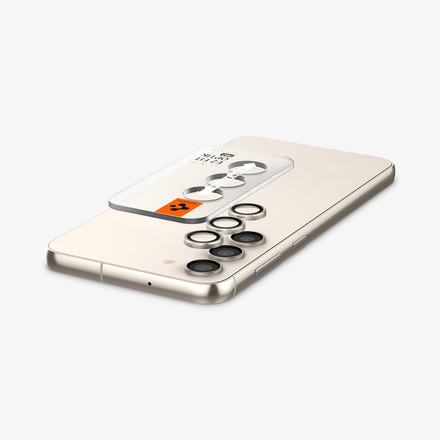 AGL06169 - Galaxy S23 Plus / S23 EZ Fit Optik Pro Lens Protector in cream showing the device laying flat and ez fit tray hovering above