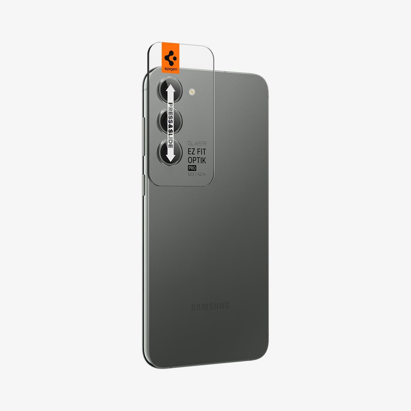 AGL06170 - Galaxy S23 Plus / S23 EZ Fit Optik Pro Lens Protector in green showing the ez fit tray on camera lens and back partial side view