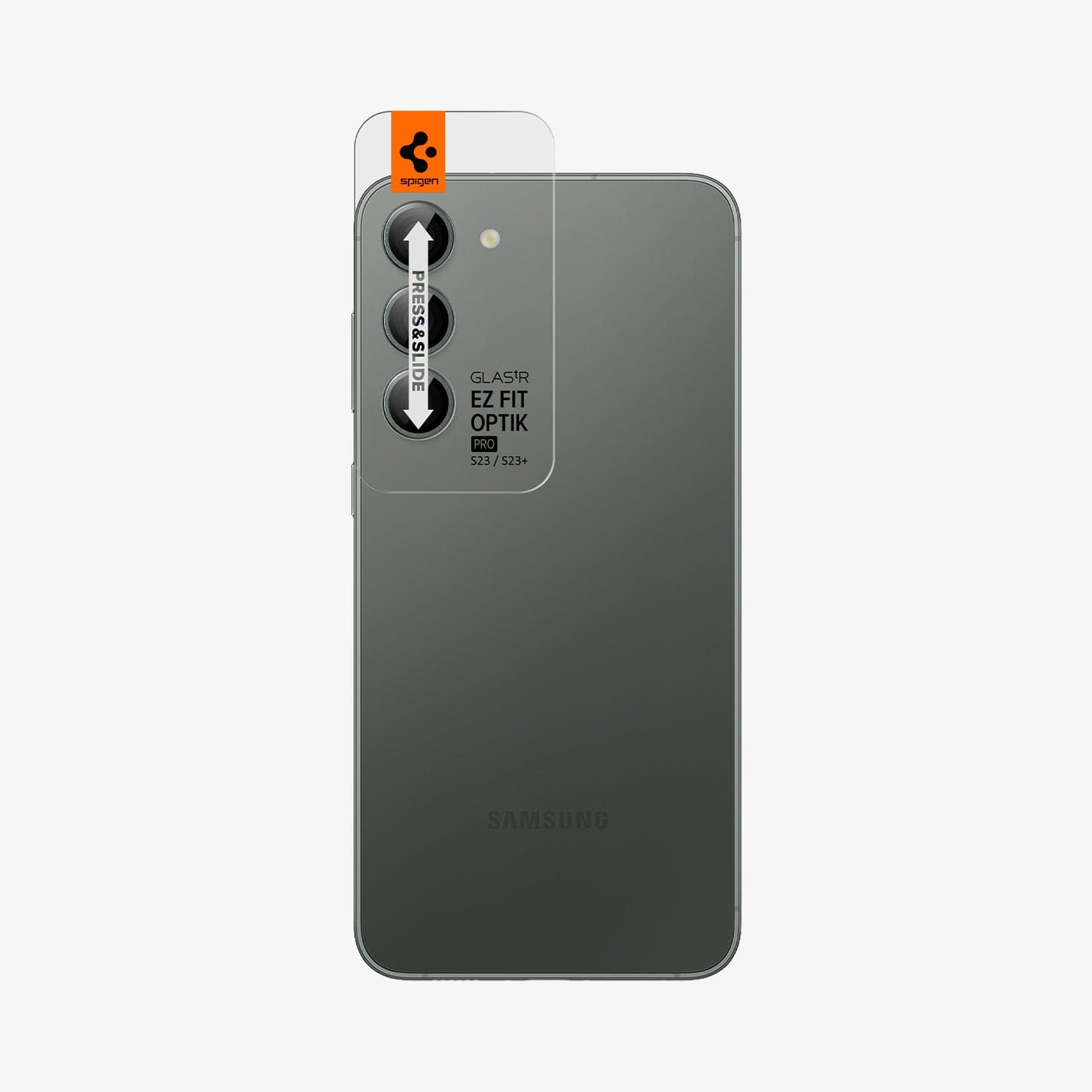 AGL06170 - Galaxy S23 Plus / S23 EZ Fit Optik Pro Lens Protector in green showing the ez fit tray on camera lens