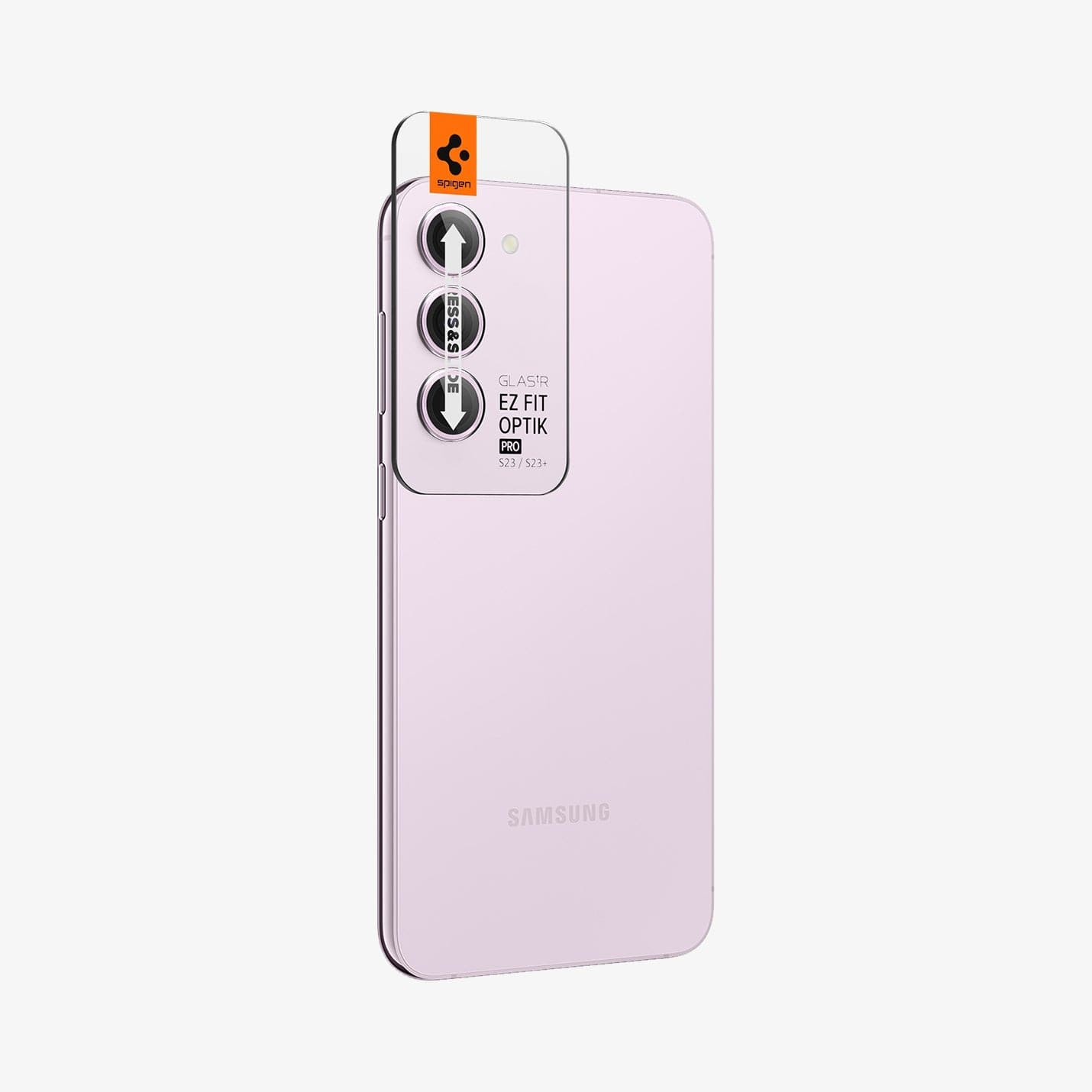 AGL06171 - Galaxy S23 Plus / S23 EZ Fit Optik Pro Lens Protector in lavender showing the ez fit tray on camera lens and back partial side view