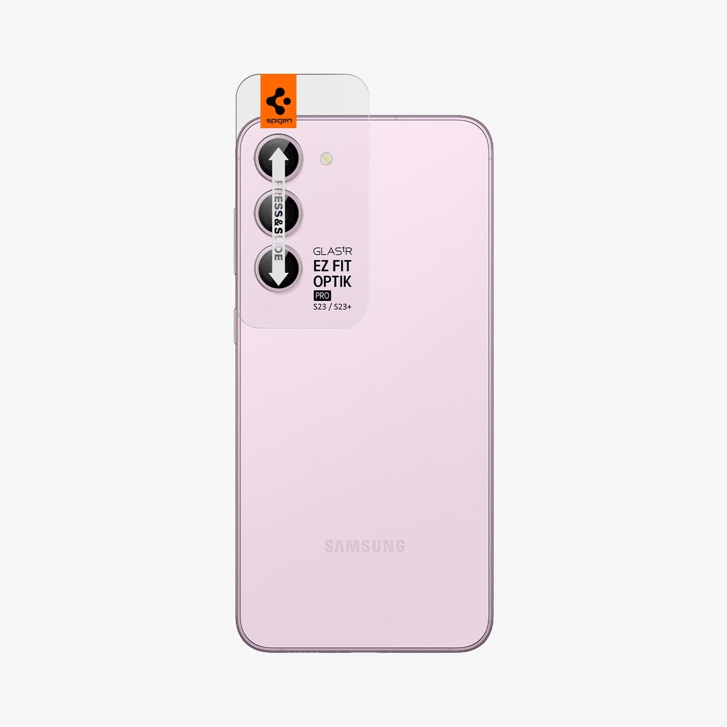 AGL06171 - Galaxy S23 Plus / S23 EZ Fit Optik Pro Lens Protector in lavender showing the ez fit tray on camera lens