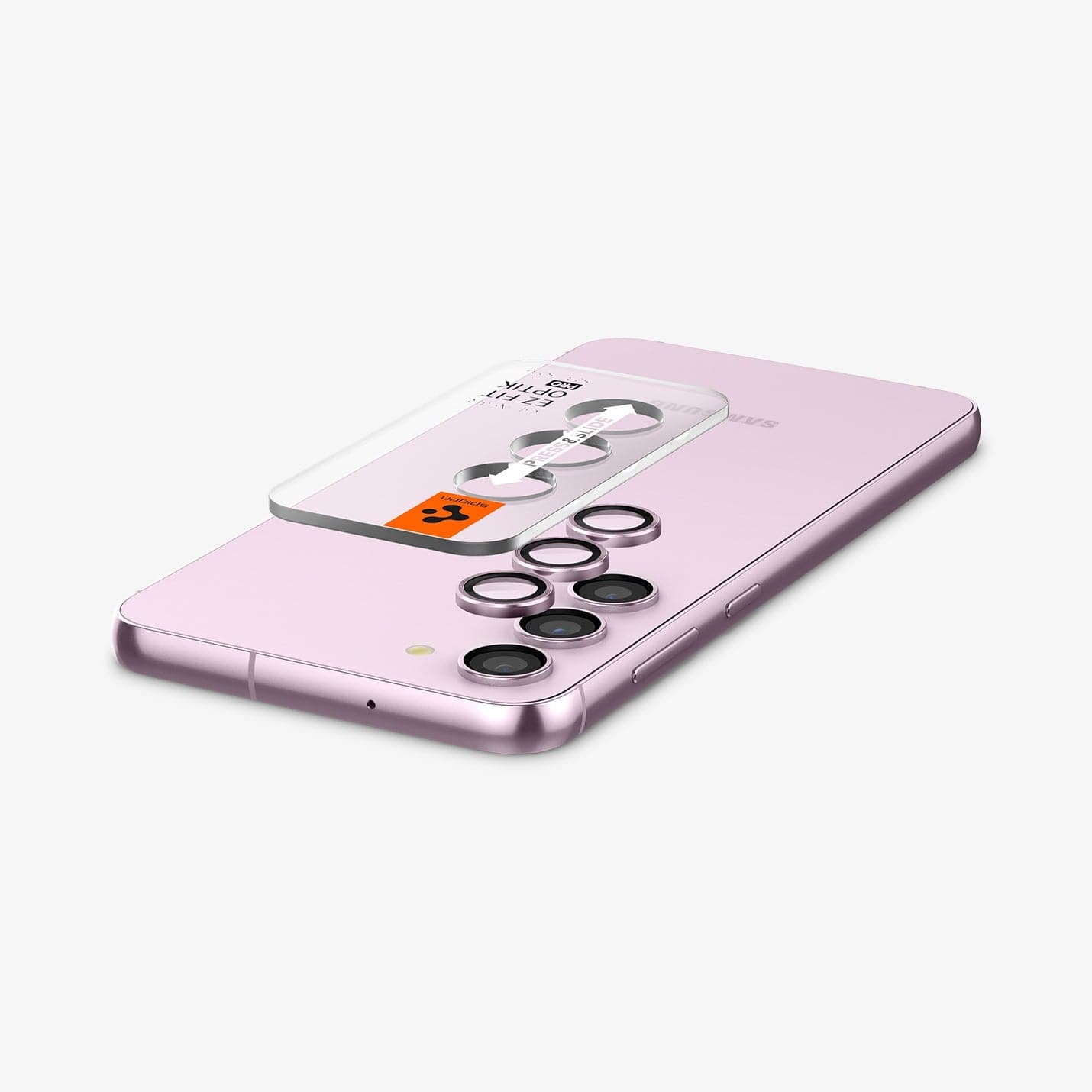 AGL06171 - Galaxy S23 Plus / S23 EZ Fit Optik Pro Lens Protector in lavender showing the device laying flat and ez fit tray hovering above
