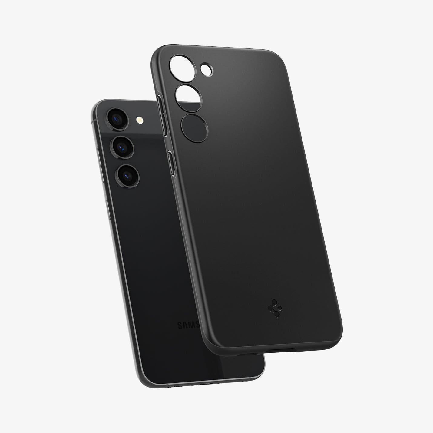 ACS05661 - Galaxy S23 Plus Case Thin Fit in black showing the back with case hovering away from device