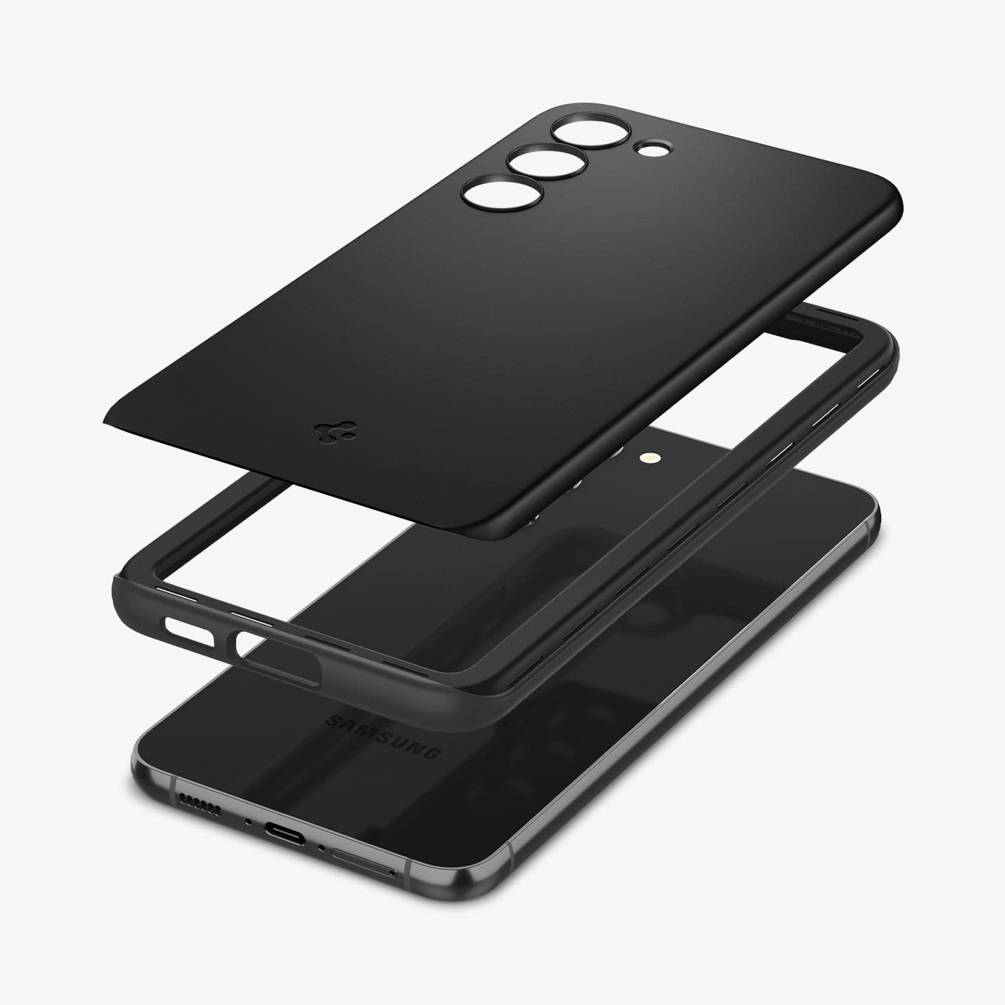 ACS05661 - Galaxy S23 Plus Case Thin Fit in black showing the multiple layers of back of case hovering above device