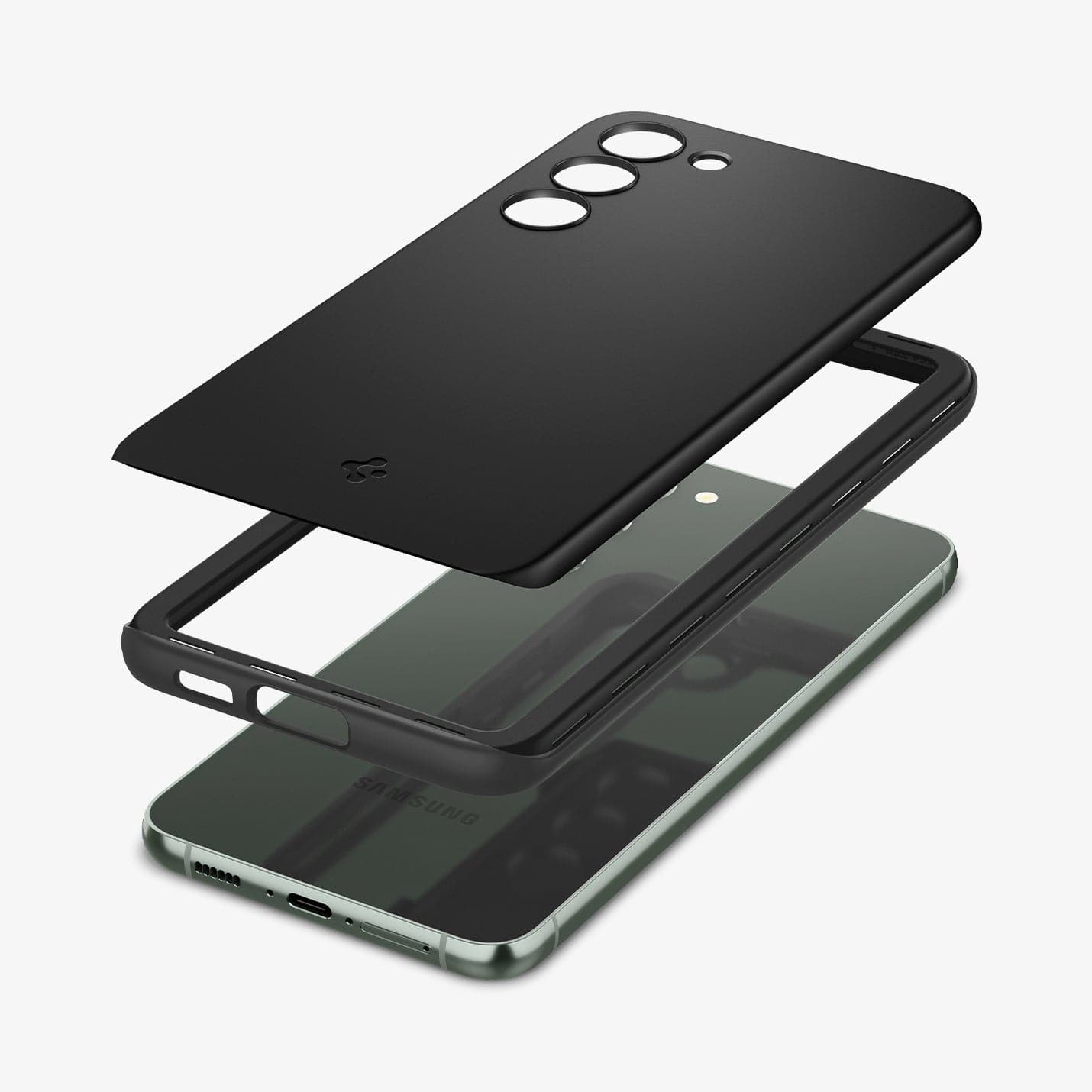 ACS05707 - Galaxy S23 Case Thin Fit in black showing the multiple layers of back of case hovering above device