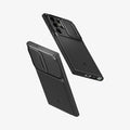 ACS05639 - Galaxy S23 Ultra Case Optik Armor in black showing the back, side and bottom on multiple devices