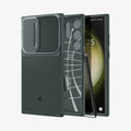 ACS06081 - Galaxy S23 Ultra Case Optik Armor in abyss green showing the back, inside and front with s pen leaning against device