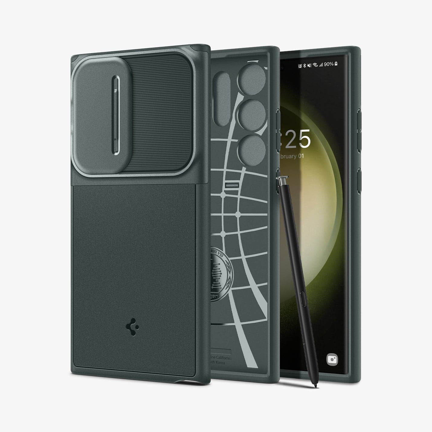 ACS06081 - Galaxy S23 Ultra Case Optik Armor in abyss green showing the back, inside and front with s pen leaning against device