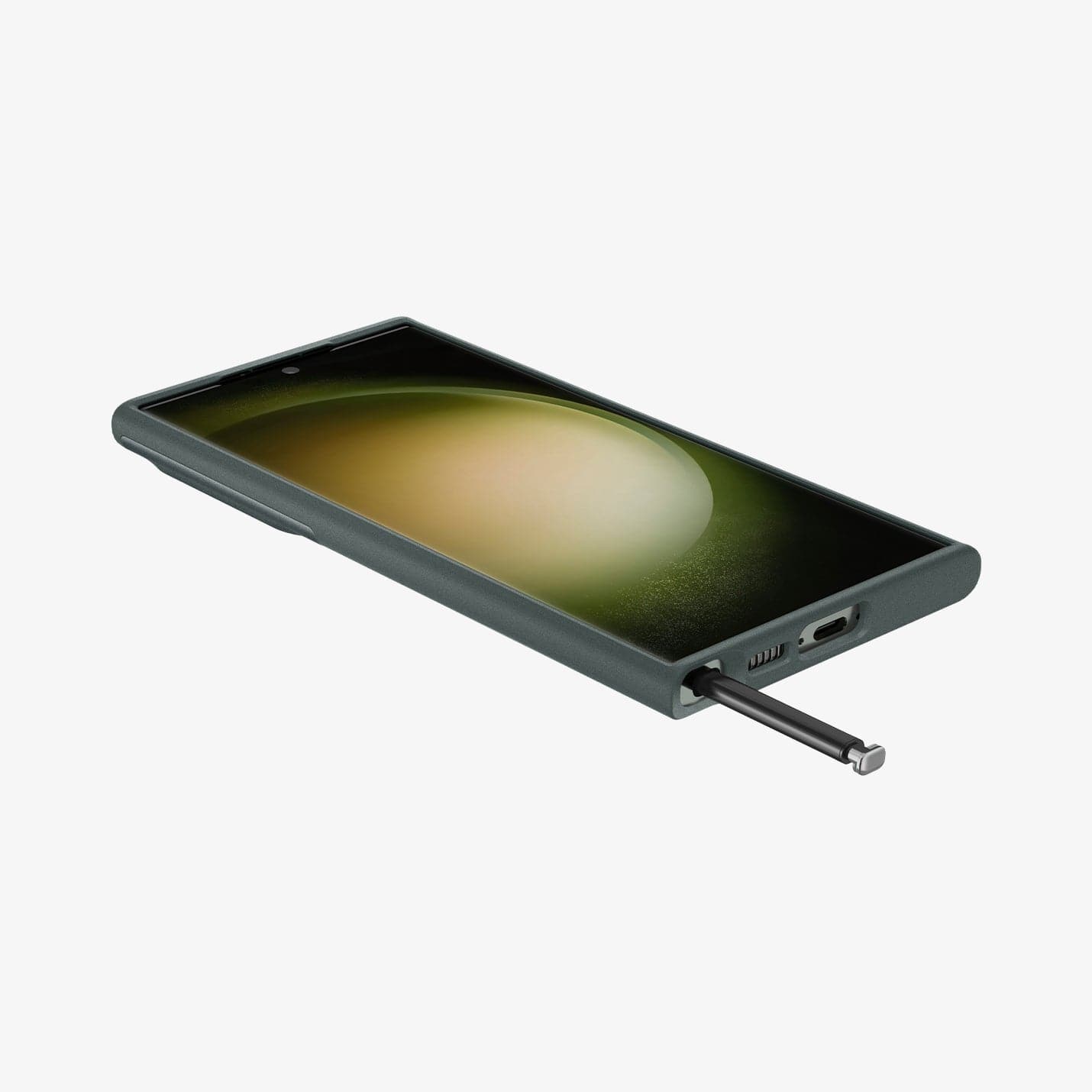 ACS06081 - Galaxy S23 Ultra Case Optik Armor in abyss green showing the front, side and bottom with s pen sticking out of slot