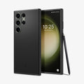 ACS05609 - Galaxy S23 Ultra Case Thin Fit in black showing the back and front with s pen leaning against device
