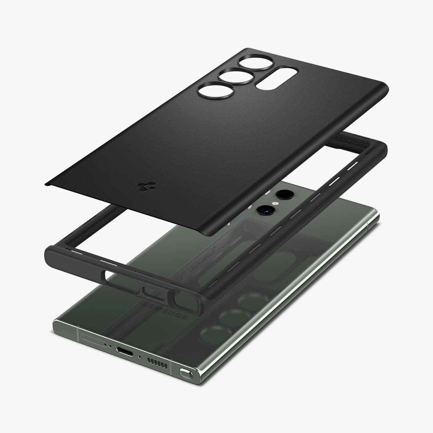 ACS05609 - Galaxy S23 Ultra Case Thin Fit in black showing the multiple layers of back of case hovering above device