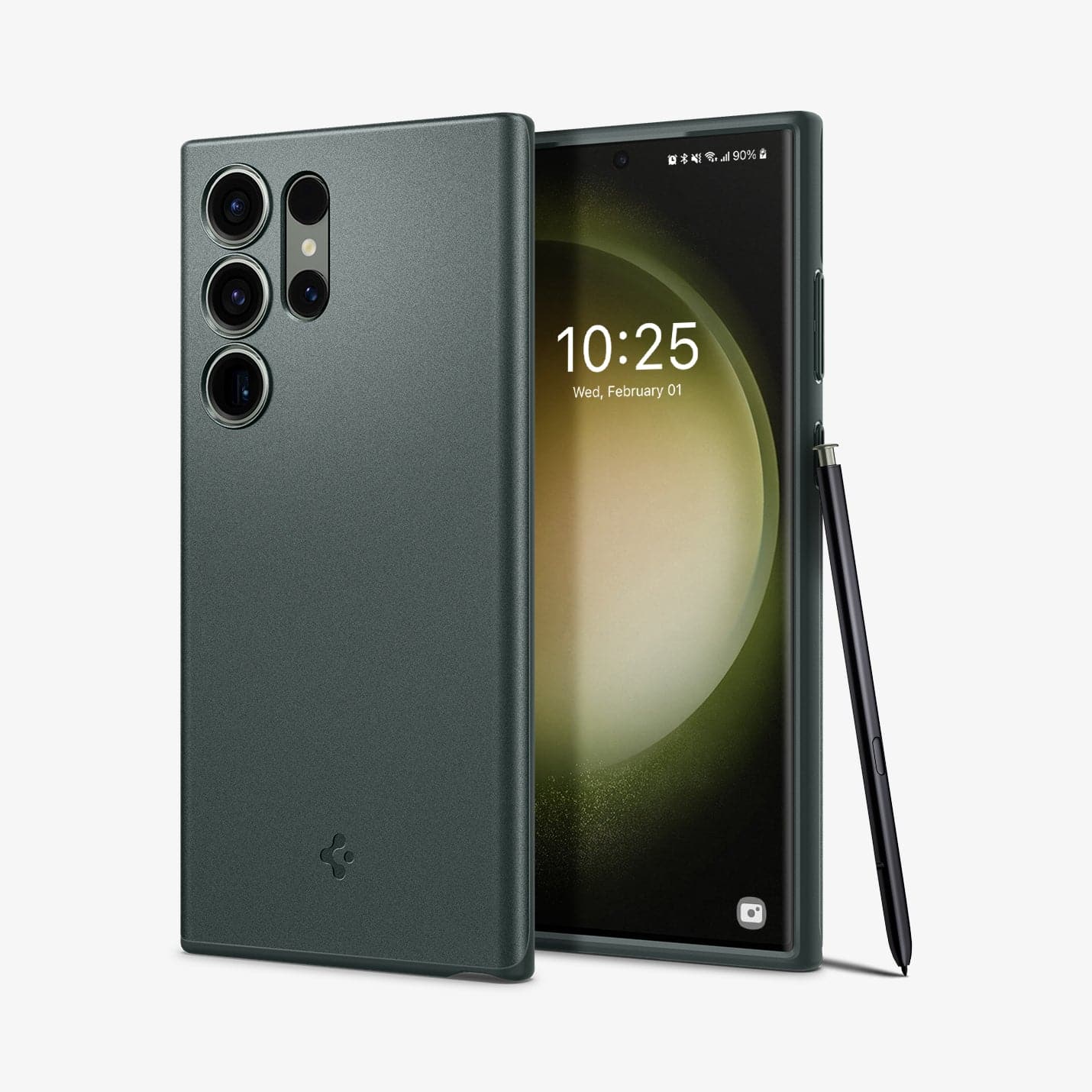 ACS06077 - Galaxy S23 Ultra Case Thin Fit in abyss green showing the back and front with s pen leaning against device