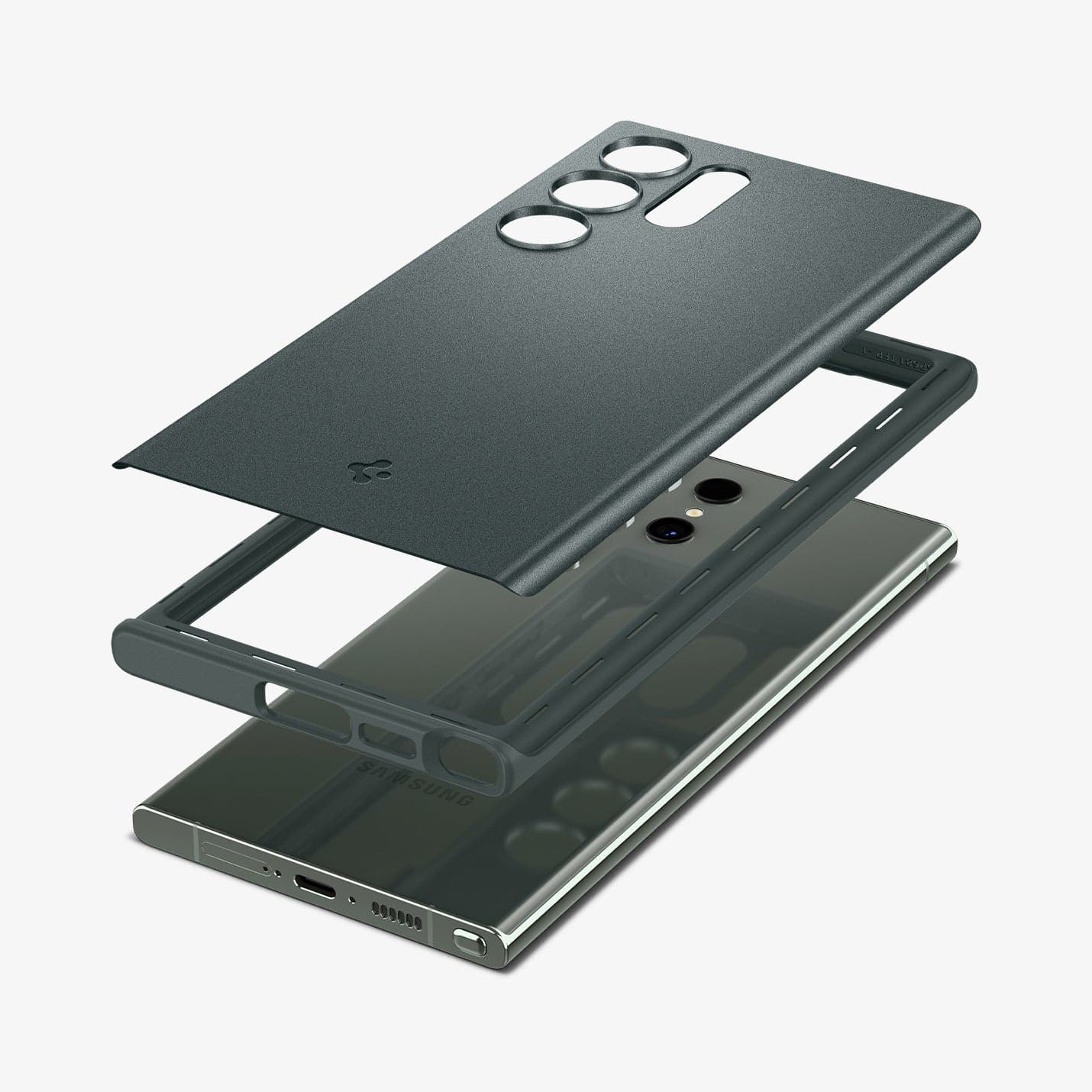 ACS06077 - Galaxy S23 Ultra Case Thin Fit in abyss green showing the multiple layers of back of case hovering above device