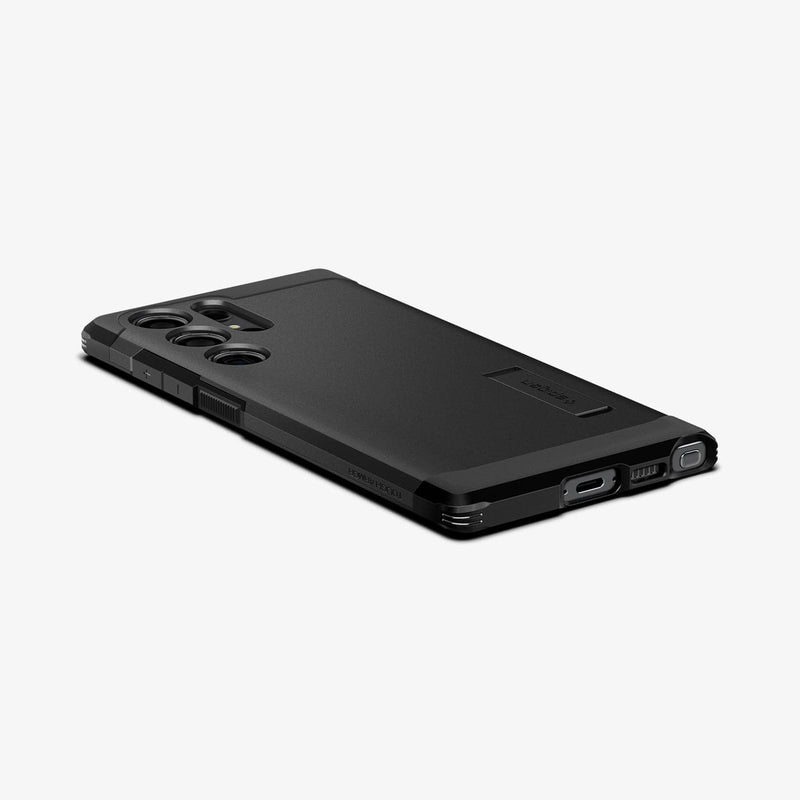 ACS05623 - Galaxy S23 Ultra Case Tough Armor in black showing the back, side and bottom with device laying flat
