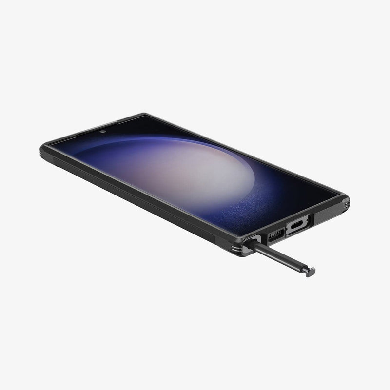 ACS05623 - Galaxy S23 Ultra Case Tough Armor in black showing the front, side and bottom with s pen sticking out of slot