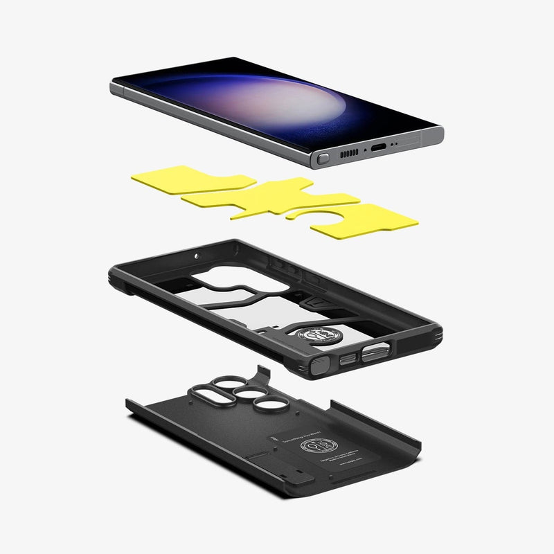 ACS05623 - Galaxy S23 Ultra Case Tough Armor in black showing the hard pc, flexible tpu, impact foam and device