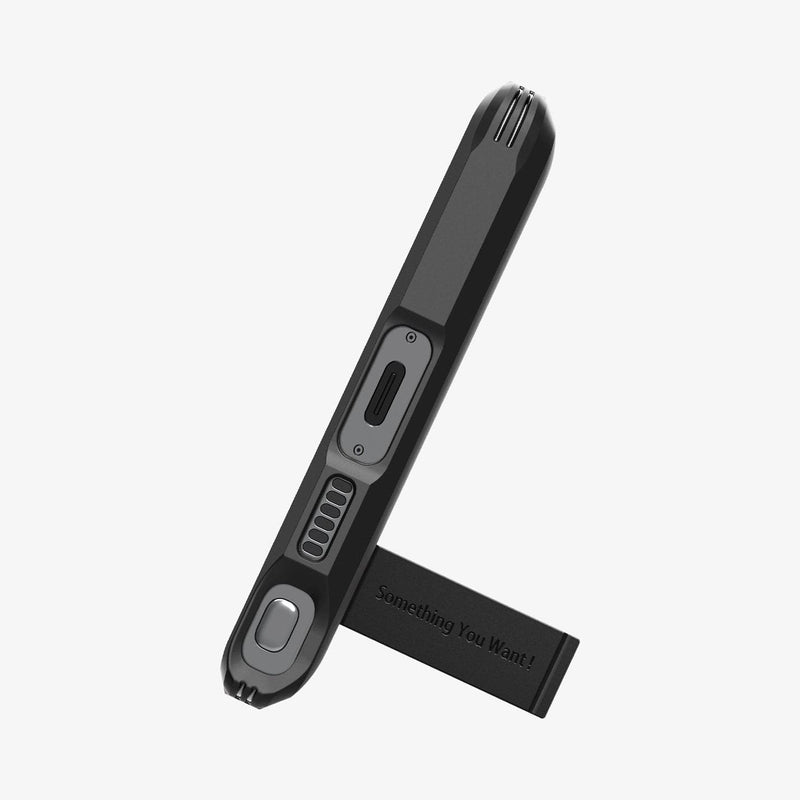 ACS05623 - Galaxy S23 Ultra Case Tough Armor in black showing the bottom with device propped up by built in kickstand