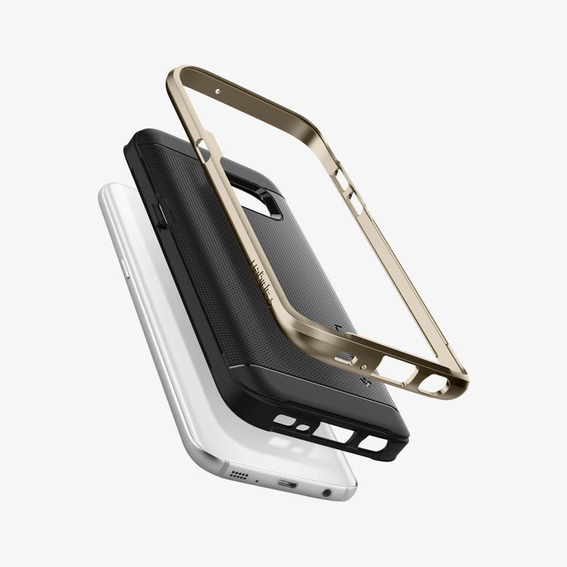 555CS20202 - Galaxy S7 Series Neo Hybrid Case in champagne gold showing the layers of case hovering behind the device