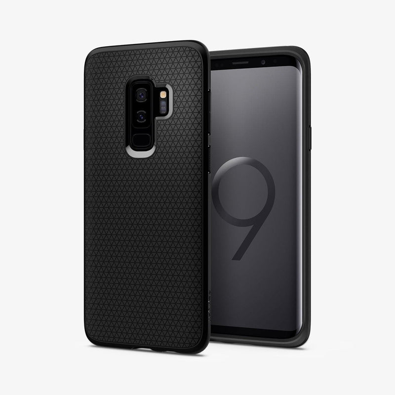 593CS22920 - Galaxy S9 Plus Liquid Air Case in matte black showing the back and front