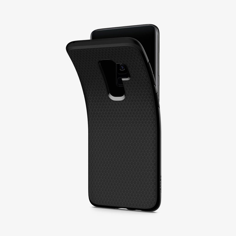 593CS22920 - Galaxy S9 Plus Liquid Air Case in matte black showing the back with case bending away from the device
