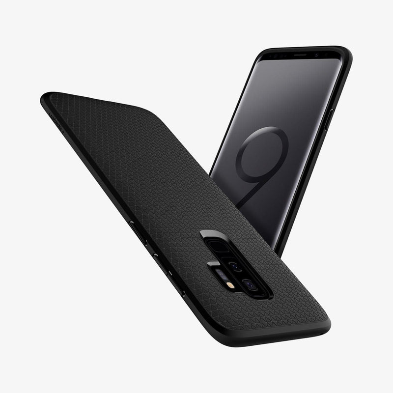 593CS22920 - Galaxy S9 Plus Liquid Air Case in matte black showing the back, front and sides