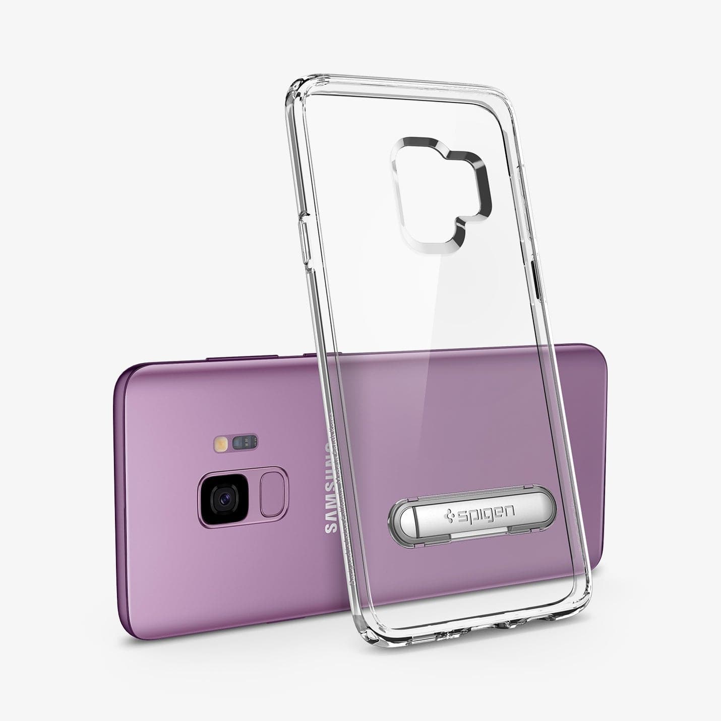 592CS22841 - Galaxy S9 Series Ultra Hybrid S Case in crystal clear showing the back with case leaning against the device